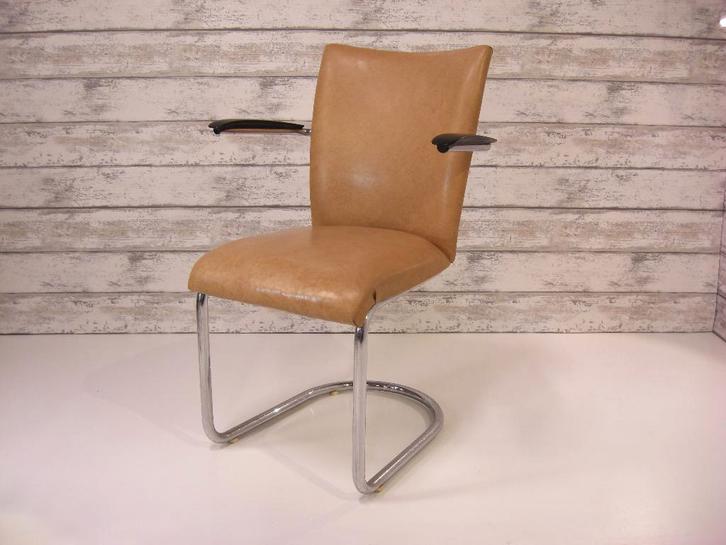 Gebr. De Wit stoel Model 1018, Huis en Inrichting, Stoelen, Gebruikt, Vier, Kunststof, Leer, Metaal, Wit, Ophalen