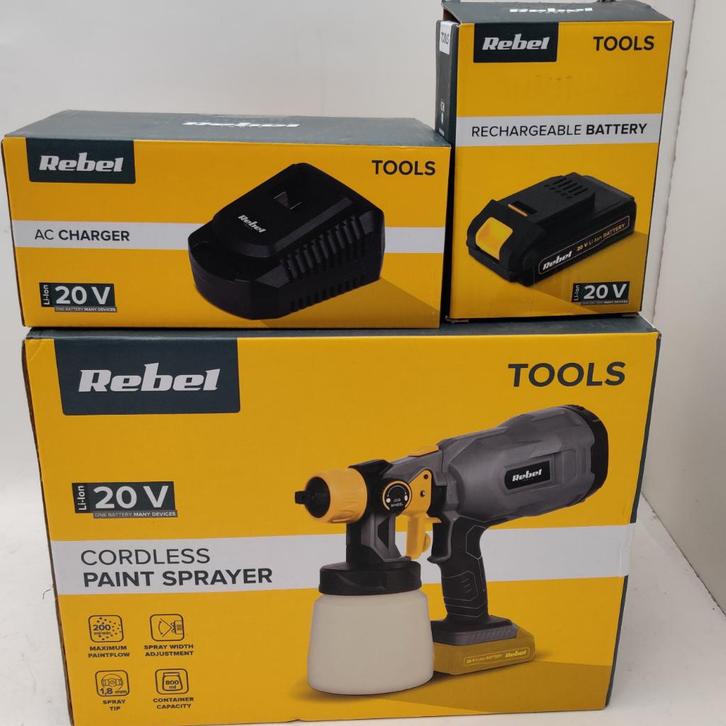 Rebel RB-1061 - Snoerloos verfpistool 20 Volt nu voor €49.99, Doe-het-zelf en Verbouw, Verf, Beits en Lak, Nieuw, Lak, Wit, Ophalen of Verzenden
