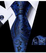 100% zijden stropdas pochet manchetknopen Blauw Goud -NIEUW-, Nieuw, Met patroon, Blauw, Ophalen of Verzenden