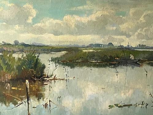 WA Knip, polderlandschap met visser in bootje, Antiek en Kunst, Kunst | Schilderijen | Klassiek, Ophalen