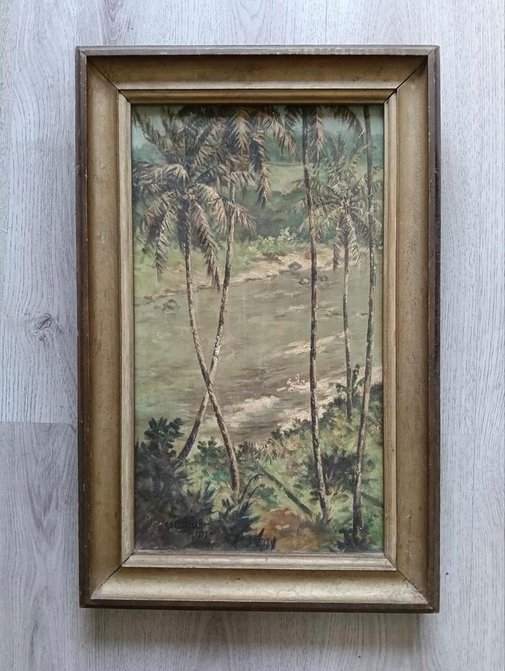 Omar Basalamah (1912-1998) Riviergezicht met palmbomen 1953, Antiek en Kunst, Kunst | Schilderijen | Klassiek, Ophalen of Verzenden