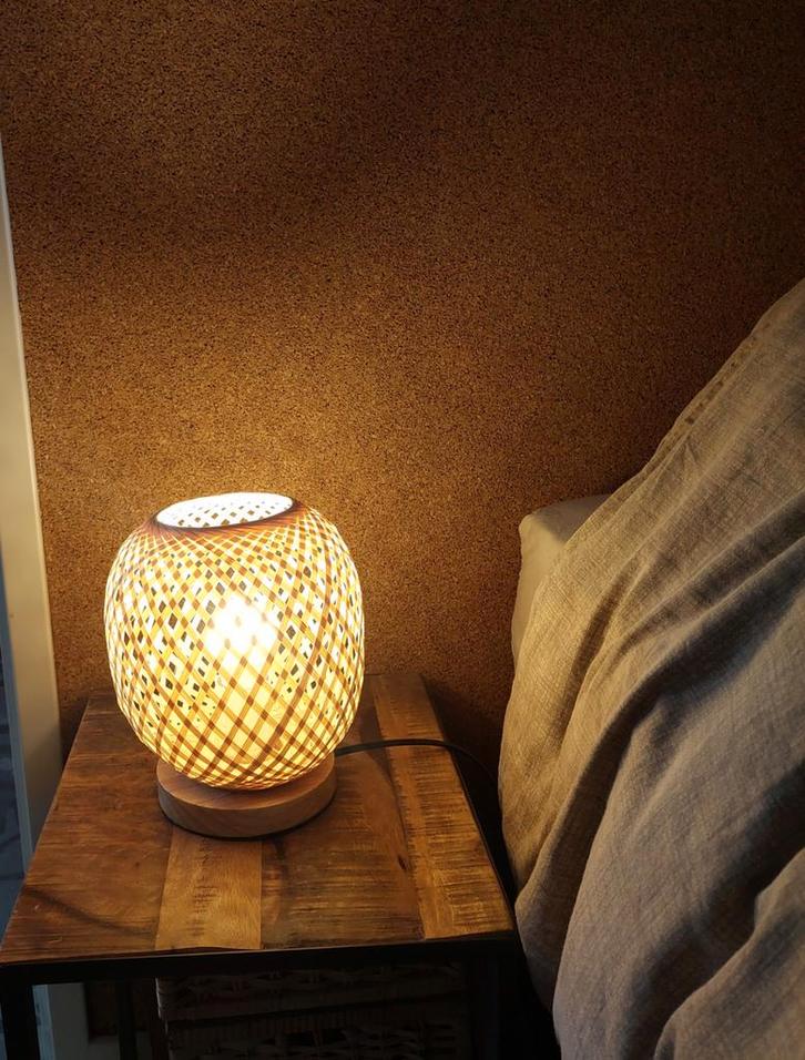 2 Mooie bohemian rotan tafellampen, Huis en Inrichting, Lampen | Tafellampen, Zo goed als nieuw, Minder dan 50 cm, Hout, Overige materialen