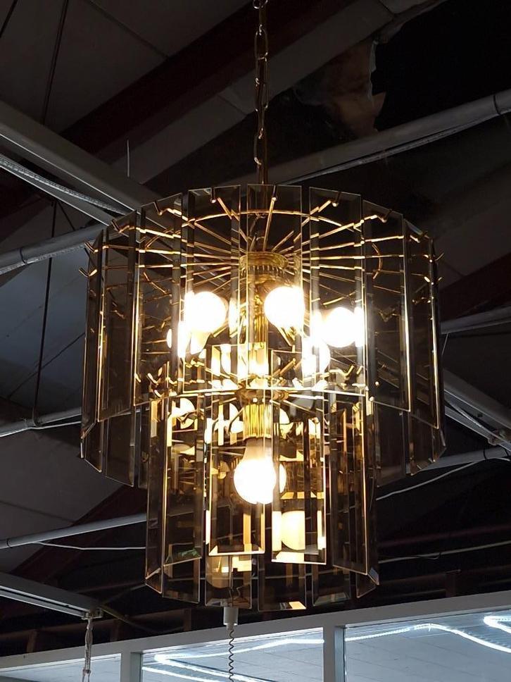 Vintage XL kroonluchter messing rookglas 70s, Huis en Inrichting, Lampen | Kroonluchters, Gebruikt, Ophalen