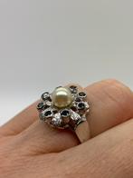 Z840 Prachtige zilveren ring parel blauwe saffier maat 17,75, Sieraden, Tassen en Uiterlijk, Antieke sieraden, Ophalen of Verzenden