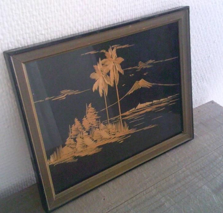 Vintage stro art in lijstje jaren 70, Antiek en Kunst, Curiosa en Brocante, Ophalen of Verzenden