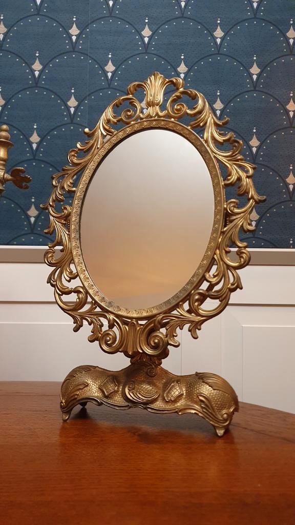 Prachtige antieke kaptafel spiegel messing brons, Antiek en Kunst, Antiek | Spiegels, Minder dan 50 cm, Ovaal, Ophalen