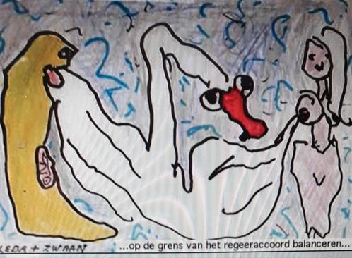 LEDA+ZWAAN Grens (REGEER)AKKOORD  S*IRENE cartoon, Antiek en Kunst, Kunst | Schilderijen | Modern, Ophalen of Verzenden