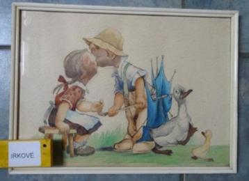 SCHATTIGE OUDE AQUAREL KINDEREN EN GANZEN * In Lijst * beschikbaar voor biedingen
