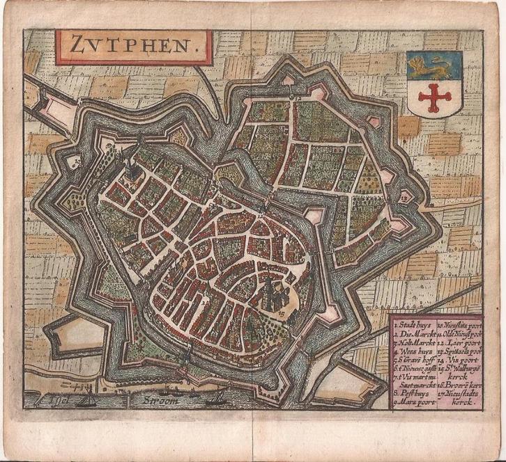 Zutphen Zvtphen Plattegrond Guicciardini gekleurd 1660, Antiek en Kunst, Kunst | Etsen en Gravures, Ophalen of Verzenden