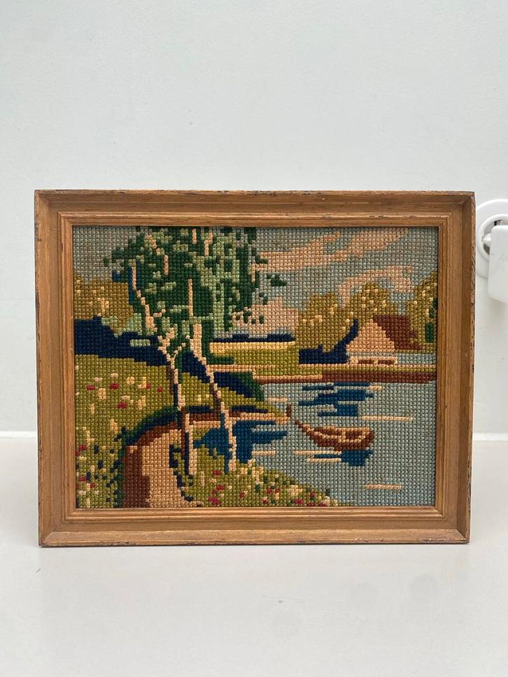 Oude geborduurde landschap afbeelding, Antiek en Kunst, Antiek | Kleden en Textiel, Ophalen of Verzenden