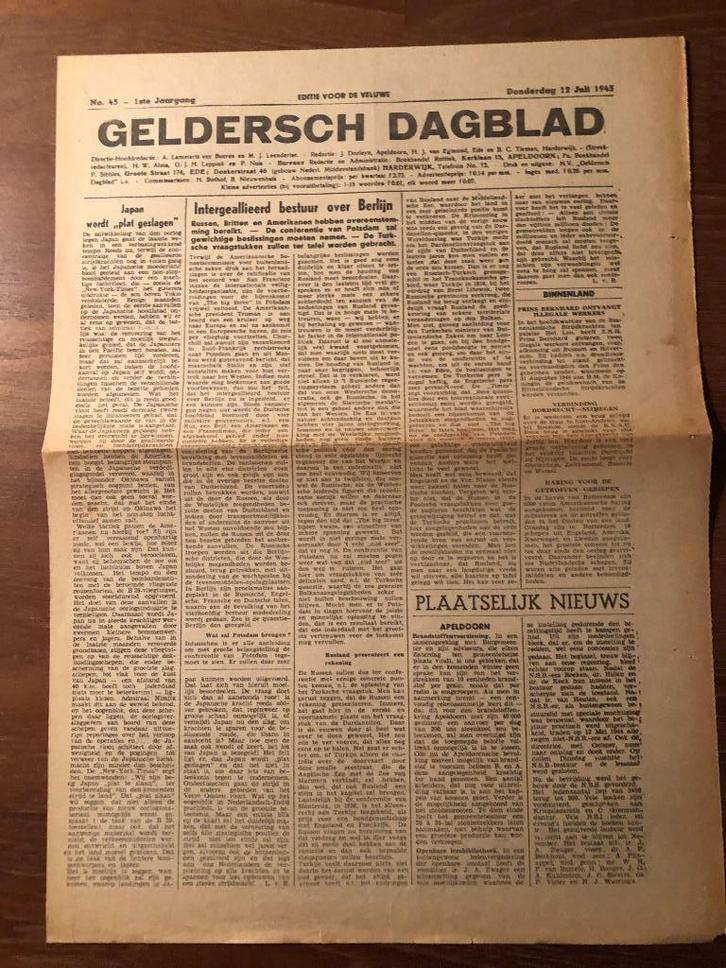 1945 Na Bevrijding, 16x Geldersch Dagblad. 7 juli t/m 8 aug., Boeken, Oorlog en Militair, Gelezen, Overige onderwerpen, Tweede Wereldoorlog