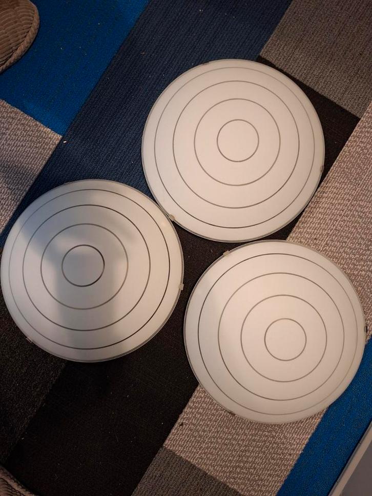 Set van 3 vintage plafondlampen, Huis en Inrichting, Lampen | Plafondlampen, Zo goed als nieuw, Glas, Metaal, Ophalen of Verzenden