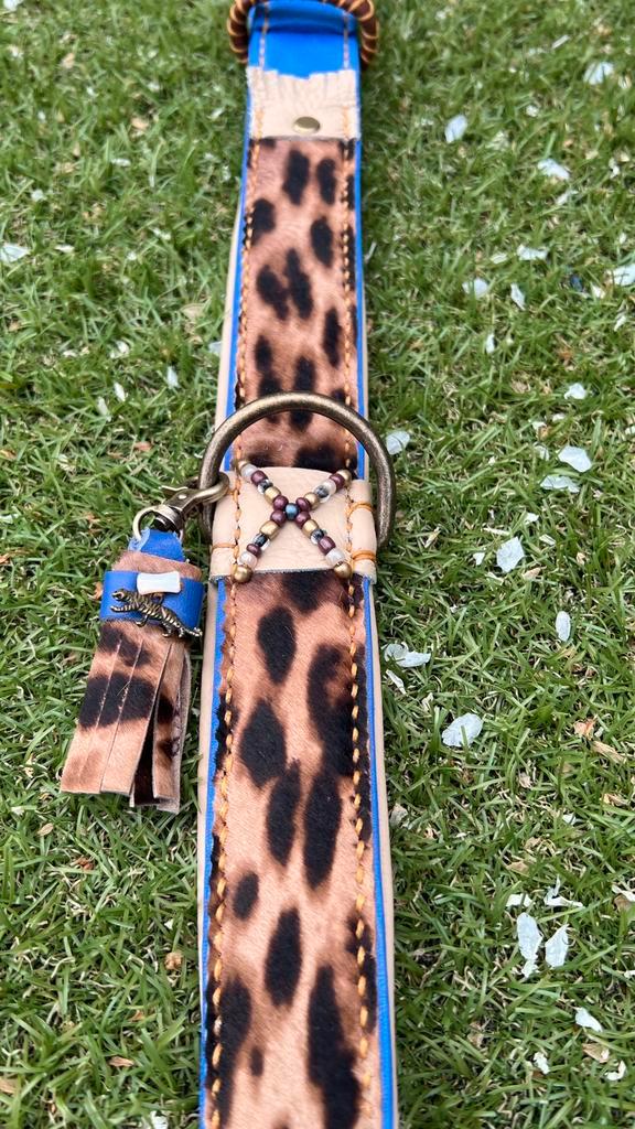 Gave Luipaard halsband Hair on leer royal blauw nappa 43-50, Dieren en Toebehoren, Hondenhalsbanden en Penningen, Nieuw, Handgemaakt