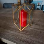 Moderne gouden windlicht met rode kaars, Ophalen, Zo goed als nieuw, Metaal, Rood