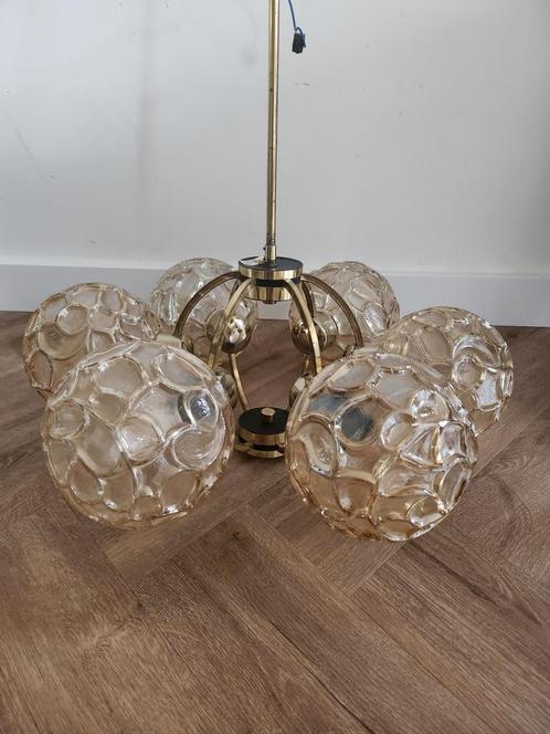 2x Vintage Ball lamp amberglas midcentury, Huis en Inrichting, Lampen | Hanglampen, Zo goed als nieuw, Minder dan 50 cm, Glas