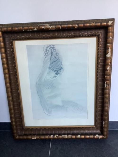 Mooie oude lijst (67x78cm) met ingelijste tekening van Rodin, Antiek en Kunst, Curiosa en Brocante, Ophalen of Verzenden