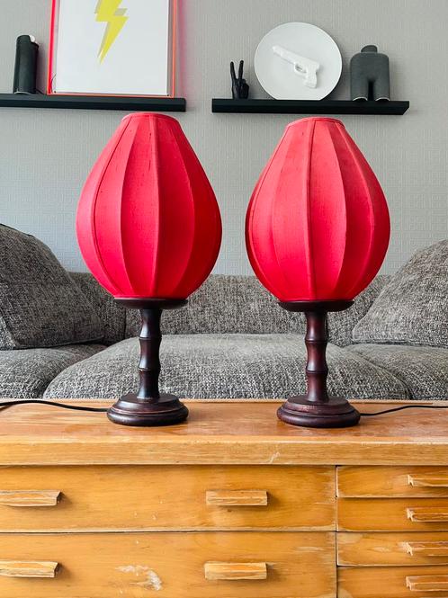 Set 1980’s zijde LOTUS Lampen SHANGHAI TANG, Huis en Inrichting, Lampen | Tafellampen, Zo goed als nieuw, Minder dan 50 cm, Hout