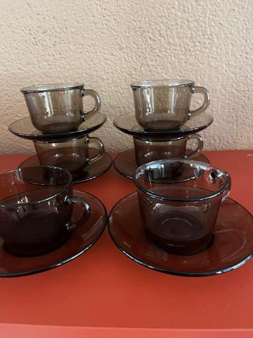 Vintage Vereco/Arcoroc Rookglas Kopjes/Schoteltjes - Set 6st beschikbaar voor biedingen