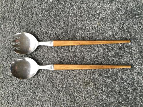 Vintage elegant slacouvertset RVS lepels en teakhout handvat, Verzamelen, Retro, Huis en Inrichting, Ophalen of Verzenden