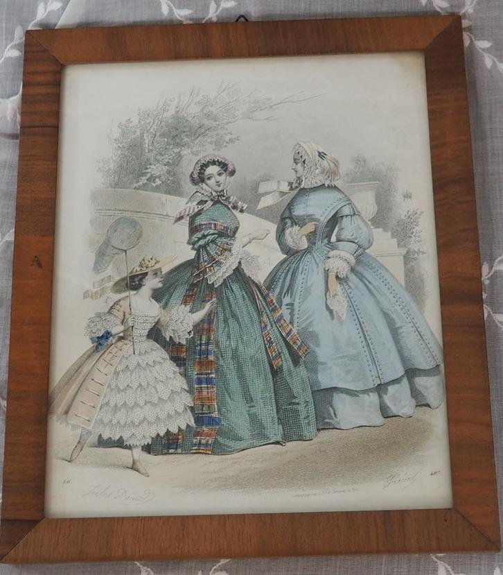 antieke modeprent van Jules David - ingelijst - ong. 1870, Antiek en Kunst, Curiosa en Brocante, Ophalen