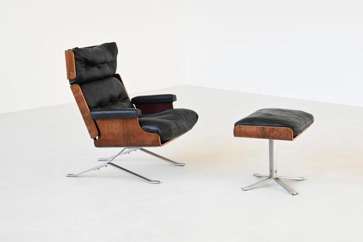 Lounge chair + ottoman vintage design fauteuil jaren 60, Huis en Inrichting, Fauteuils, Gebruikt, Hout, Leer, Metaal, 50 tot 75 cm