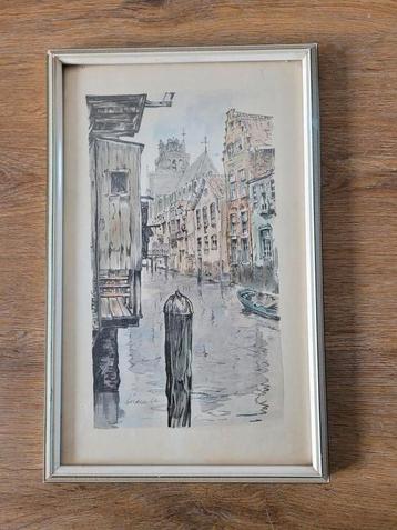Tekening / ets Voorhaven Dordrecht onduidelijk gesigneerd beschikbaar voor biedingen