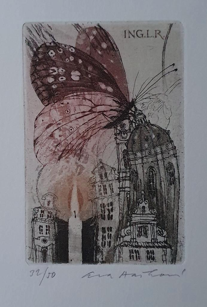 Exlibris Eva Haskova, vlinder, kaars, gebouwen Praag, Antiek en Kunst, Kunst | Etsen en Gravures, Verzenden