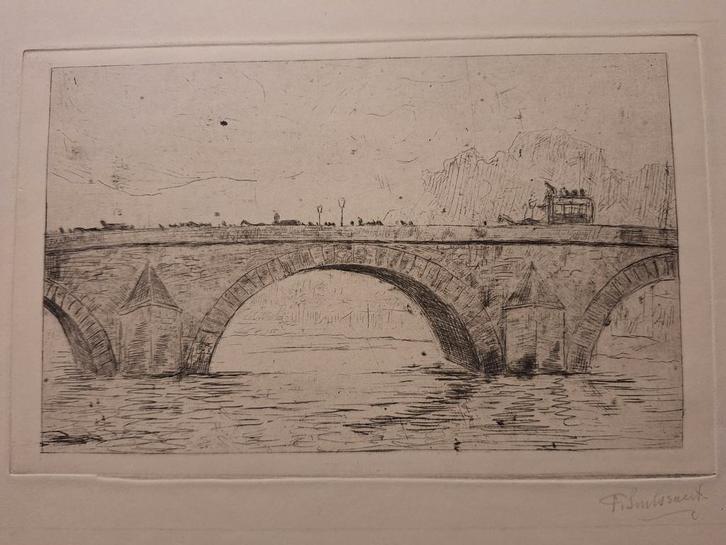 Ets van een brug in Parijs van F Smissaert, Antiek en Kunst, Kunst | Etsen en Gravures, Ophalen of Verzenden