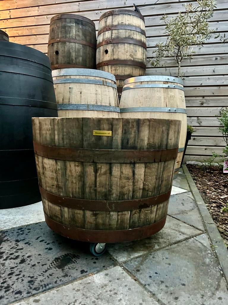Houten Plantenbak Whisky Vat Half - Optioneel met Wieltjes, Ophalen, Gebruikt, Balkon, Rond