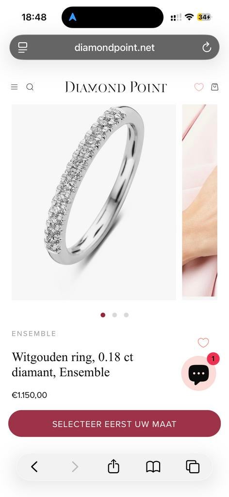 Diamond Point Ensemble witgouden ring 0.18ct diamant, maat 6, 20 of groter, Ophalen of Verzenden, Zo goed als nieuw, Met edelsteen