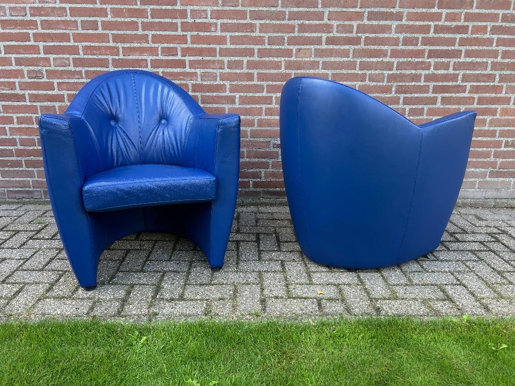 2x Leolux Carabita fauteuils kobalt blauw leer, Ophalen, Gebruikt, Leolux, 50 tot 75 cm