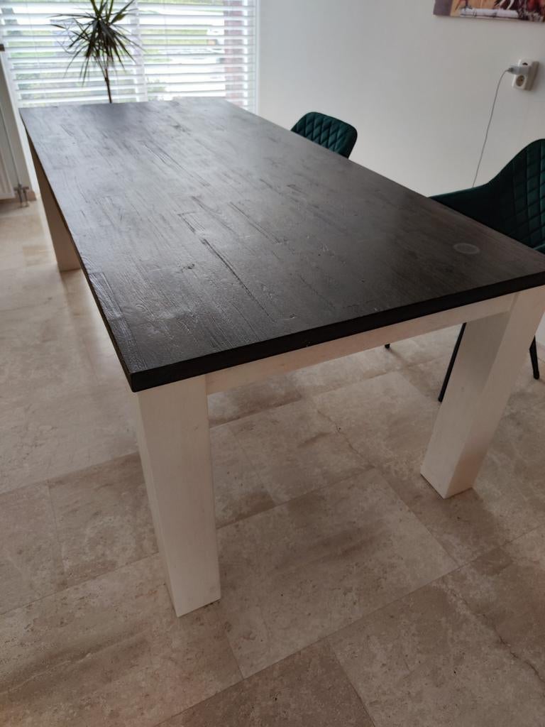 Eettafel met donker blad en witte poten, Huis en Inrichting, Tafels | Eettafels, Gebruikt, 100 tot 150 cm, 200 cm of meer, Vijf personen of meer