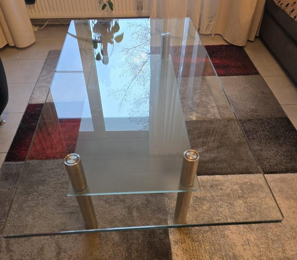 Luxe glazen salontafel aluminium frame – modern – 2 lagen, Ophalen, 50 tot 100 cm, Zo goed als nieuw, Glas