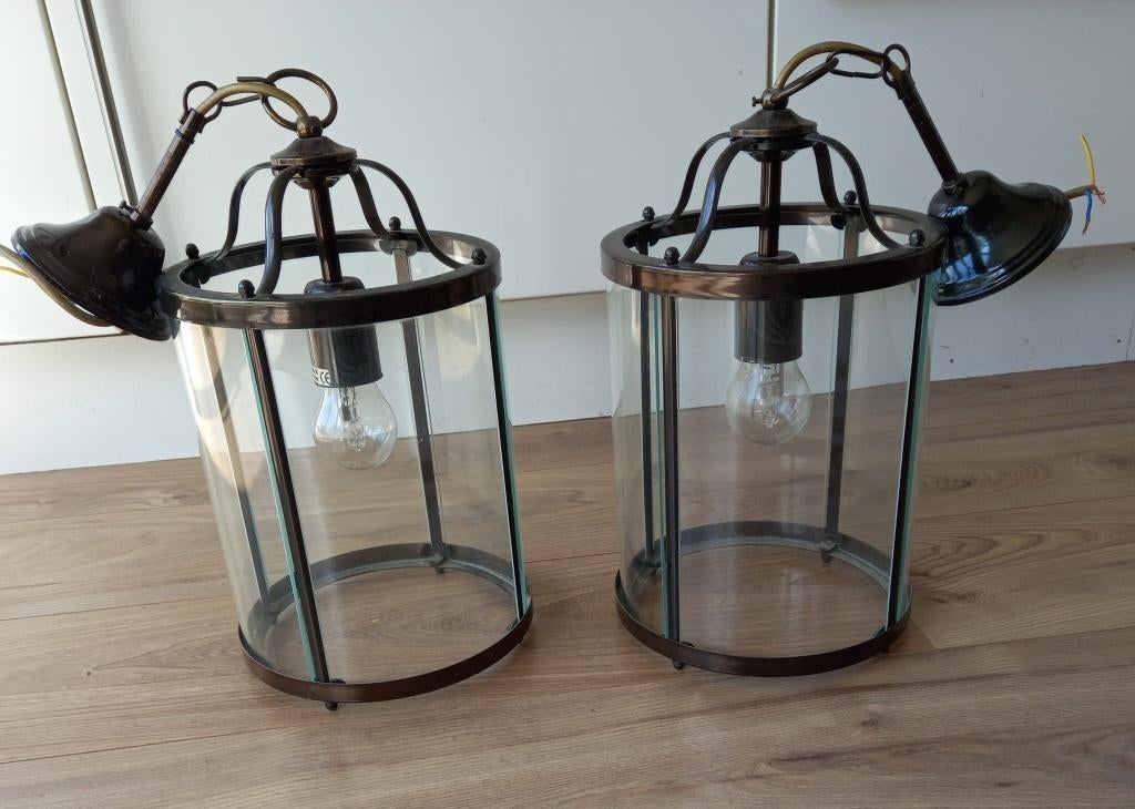 2 hanglampen glas en brons, Ophalen, Gebruikt, Glas, 50 tot 75 cm