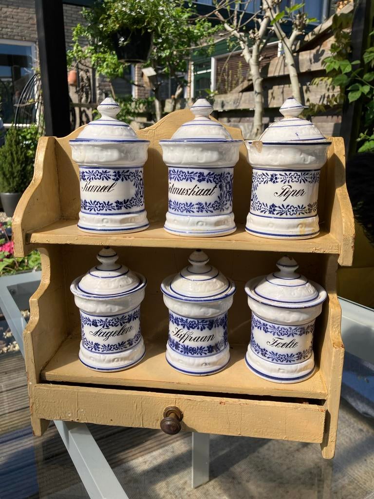 Vintage kruidenrek met Delfts blauwe potjes, Antiek en Kunst, Ophalen of Verzenden