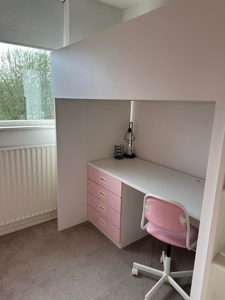 Hoogslaper met bureau en opbergruimte - Wit/Roze, Ophalen of Verzenden, Gebruikt, Hoogslaper