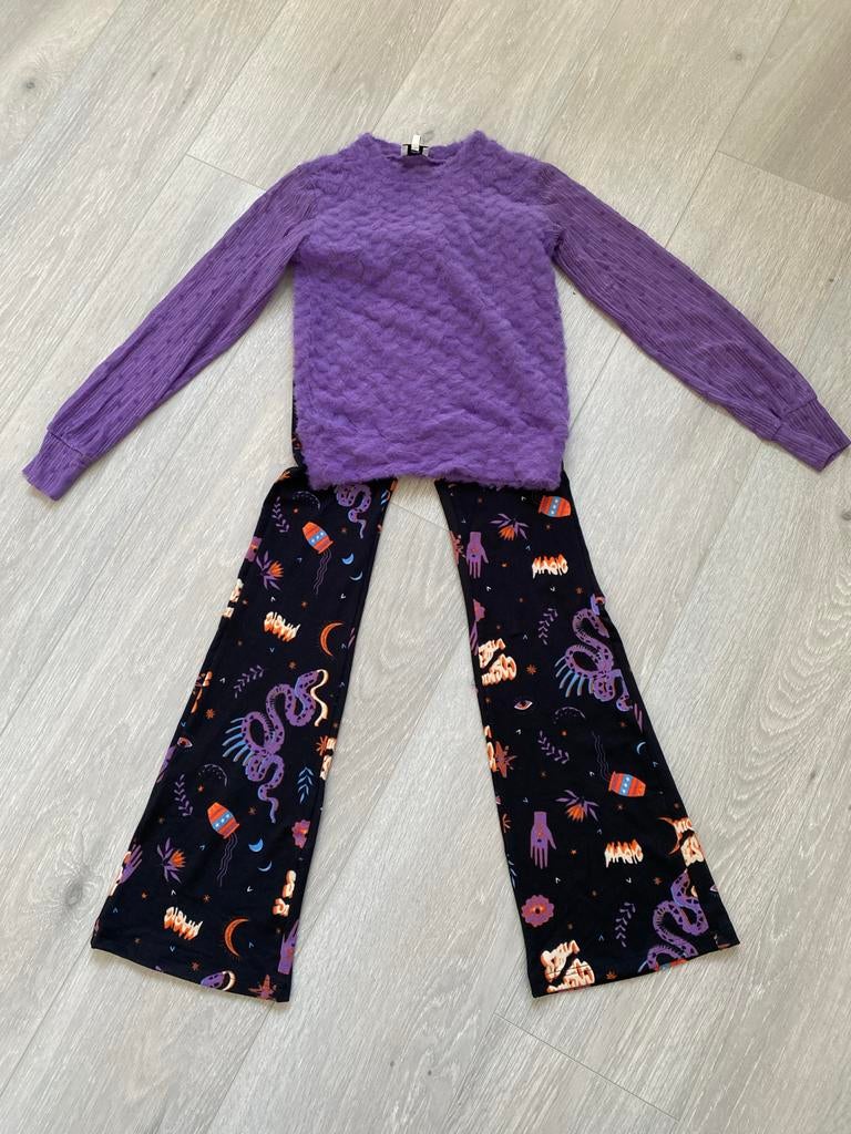 Shoeby setje: Flair broek met print & paarse top (mt 146), Ophalen of Verzenden, Zo goed als nieuw, Meisje, Setje