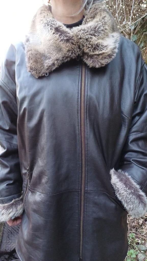 Leren jas met bontkraag en manchetten, Maat 38/40 (M), Bruin, Ophalen of Verzenden, Onbekend