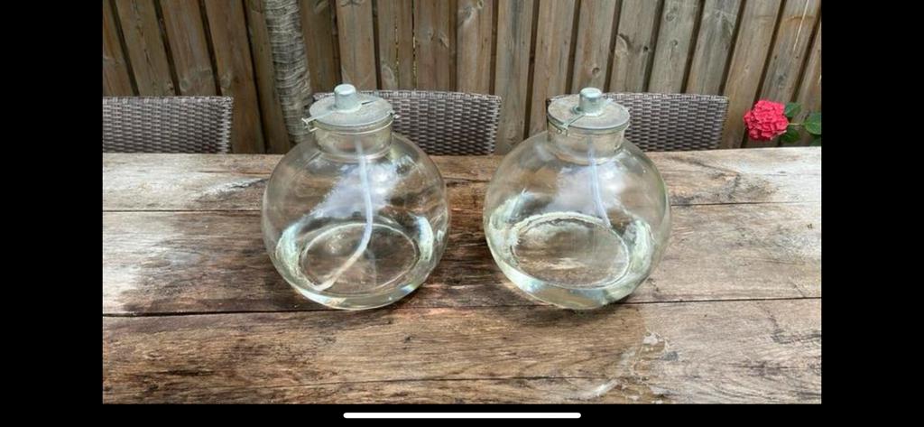 2 grote glazen olielampen, Ophalen of Verzenden, Gebruikt