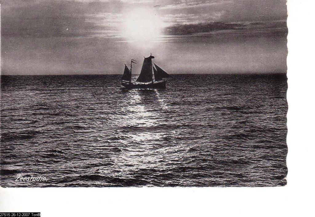 Ansichtkaart	Zeestudie	Ondergaande zon	Zeilschip, Verzenden, 1920 tot 1940, Gelopen, Voertuig
