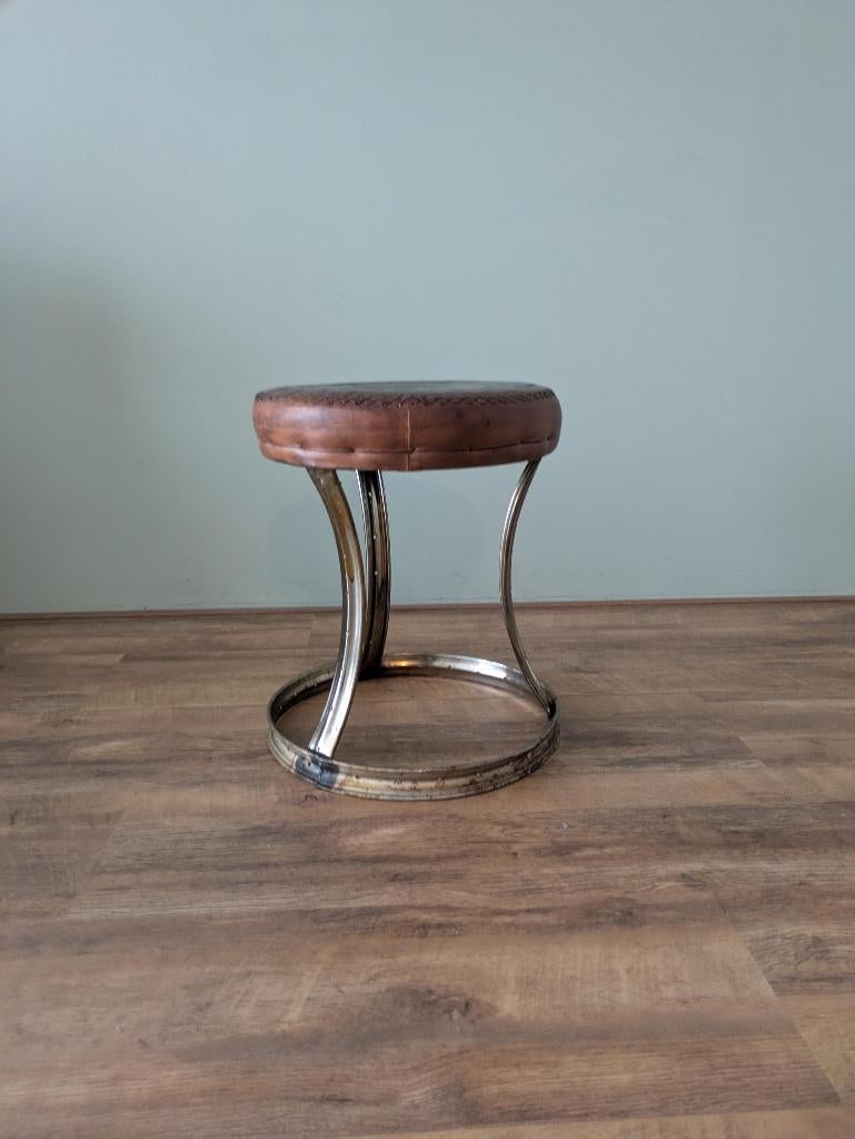 Uniek krukje (thema: fiets) | lederen zitting | 46 cm hoog, Huis en Inrichting, Krukjes, Ophalen of Verzenden, Gebruikt, Overige materialen