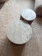2 marmeren met hout salontafel en bijzettafel, Ophalen, 50 tot 100 cm, Rond, Zo goed als nieuw