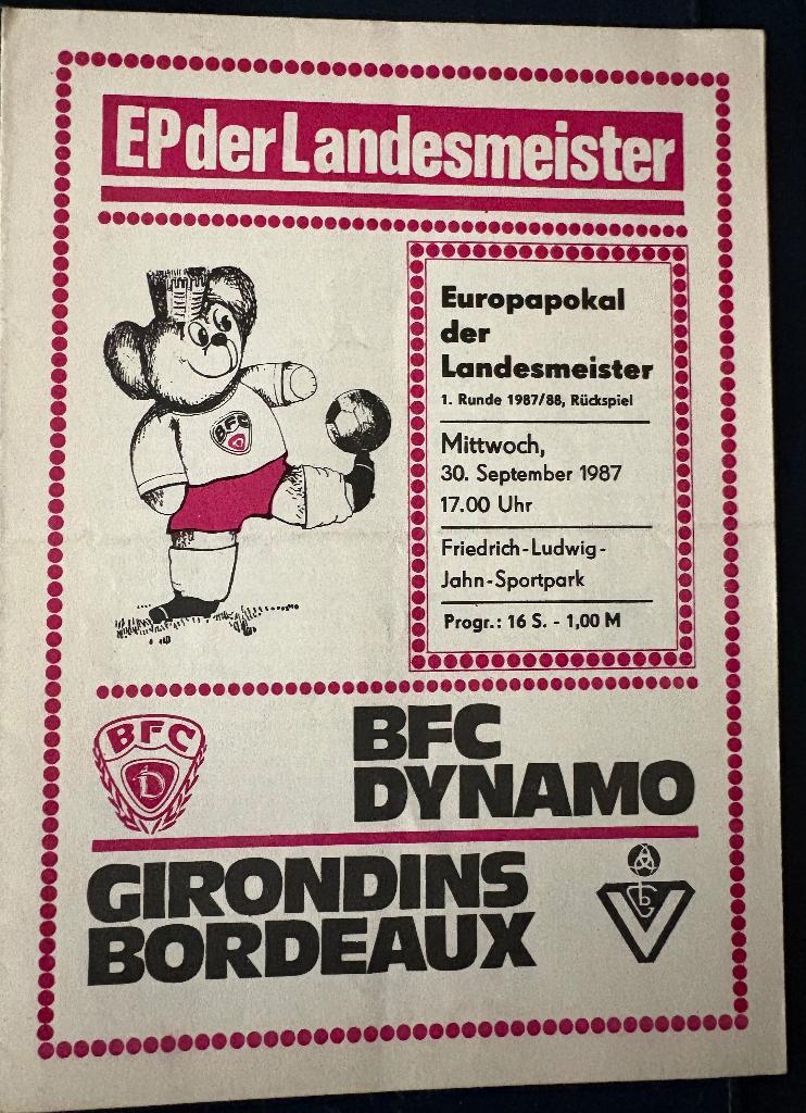 Programma BFC Dynamo - Bordeaux 1987-1988, Verzamelen, Verzenden, Zo goed als nieuw, Buitenlandse clubs, Boek of Tijdschrift