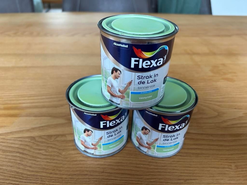 3x Flexa Strak in de Lak Binnenlak Veldgroen 0,25L, Nieuw, Ophalen of Verzenden, Lak, Minder dan 5 liter