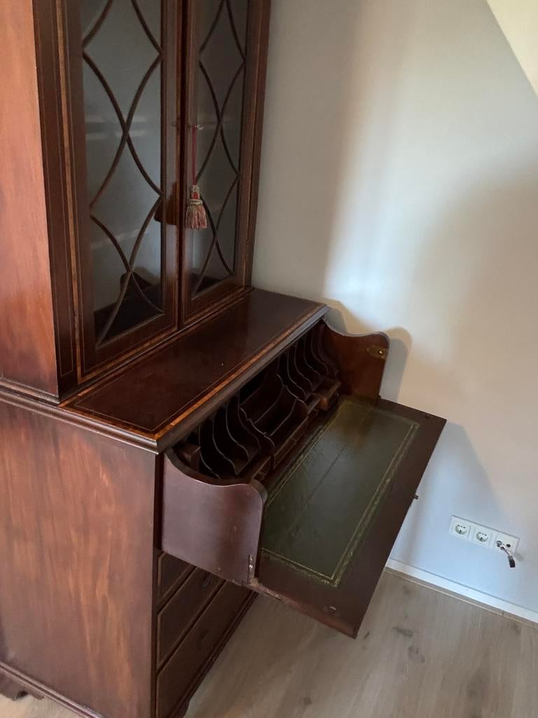 Antieke Engelse Secretaire Kast met Glasdeuren, Ophalen