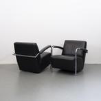 2x Leolux Scylla fauteuils zwart leder - chroom buisframe, Huis en Inrichting, Fauteuils, Niet ingevuld, Niet ingevuld, Leer, Ophalen of Verzenden