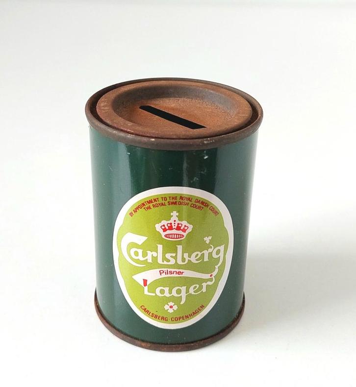 Oude blikken Carlsberg Bier Spaarpot Bierreclame, Verzamelen, Biermerken, Gebruikt, Reclamebord, Plaat of Schild, Overige merken