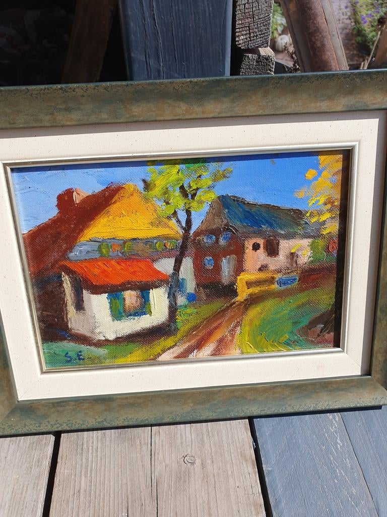 Olieverfschilderij: Landelijk tafereel met huizen, Antiek en Kunst, Kunst | Schilderijen | Klassiek, Ophalen of Verzenden