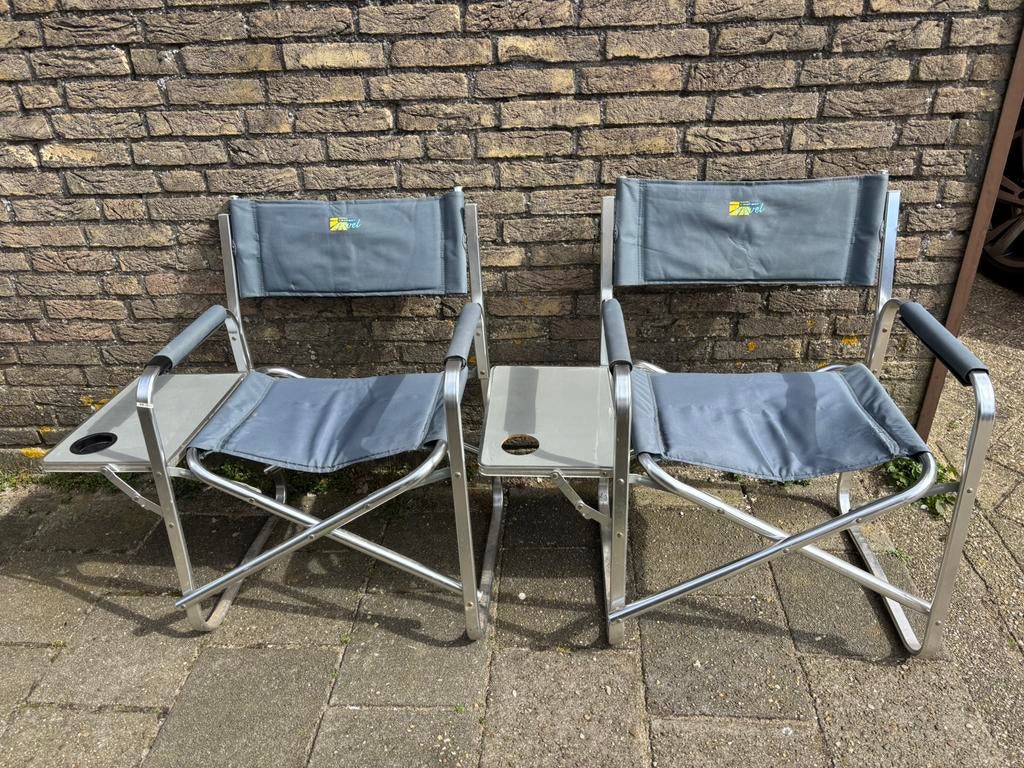 2x Camping inklapbare aluminium regisseursstoel + zijtafel, Ophalen of Verzenden, Gebruikt, Campingstoel