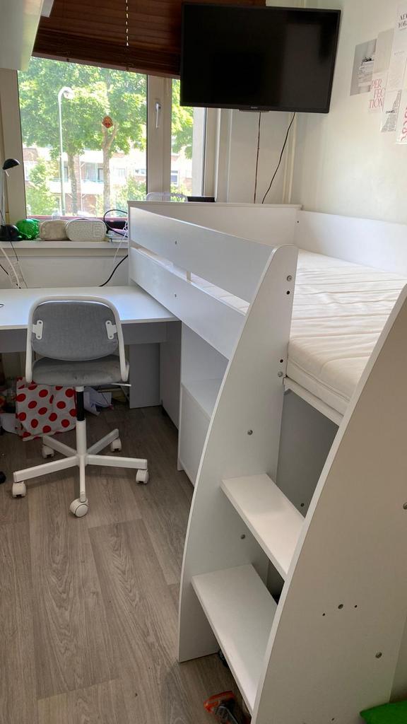Halve hoogslaper met bureau wit, Ophalen, Gebruikt, Eenpersoons, 90 cm